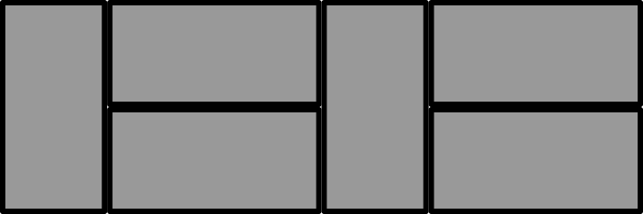 One possible arrangement of six, 1 by 2 rectangles filling a 2 by 6 rectangle. There is one rectangle with a vertical orientation, followed a pair of rectangles with a horizontal orientation one on top of the other, followed by one more rectangle placed vertically, followed by another pair of rectangles placed horizontally.