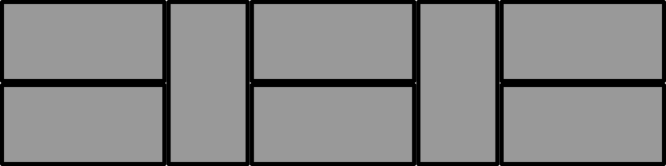 One possible arrangement of eight, 1 by 2 rectangles filling a 2 by 8 rectangle. There is a pair of rectangles with a horizontal orientation one on top of the other, followed by one rectangle with a vertical orientation, followed by another pair of rectangles placed horizontally, then another vertical rectangle and finally another pair of horizontal rectangles.