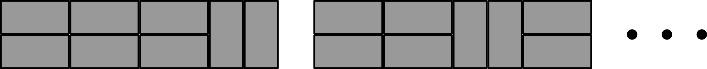 One arrangement has three pairs of horizontal rectangles followed by two vertical rectangles. The other has two pairs of horizontal rectangles, then two vertical rectangles, then a pair of horizontal rectangles.