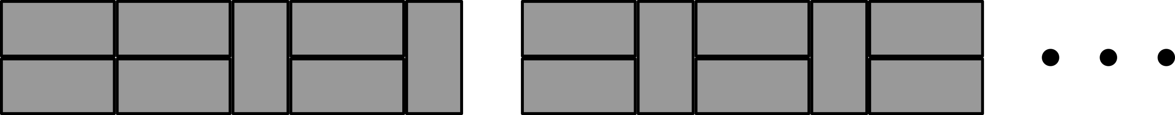 One arrangement has two pairs of horizontal rectangles, then a vertical rectangle, then a pair of horizontal rectangles, then a vertical rectangle. The other alternates between two horizontal rectangles and one vertical rectangle.