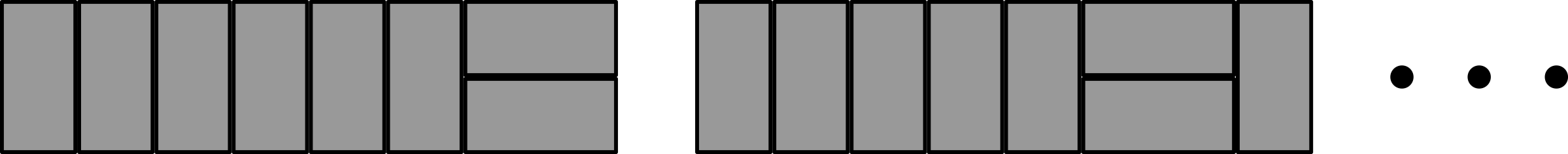 One possible arrangement has six vertical rectangles side by side followed by one pair of horizontal rectangles. Another possible arrangement has five vertical rectangles side by side followed by a pair of horizontal rectangles and then one more vertical rectangle.