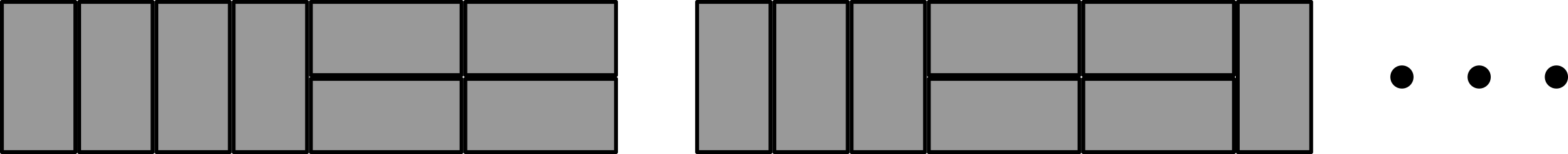 The first arrangement has five vertical rectangles followed by two pairs of horizontal rectangles. The second has three vertical rectangles followed by two pairs of horizontal rectangles and then one vertical rectangle.