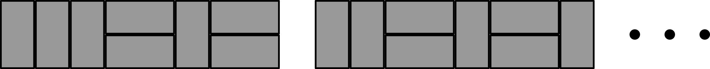The first arrangement has three vertical rectangles, then a pair of horizontal rectangles, then a vertical rectangle, then a pair of horizontal rectangles. The second has two vertical rectangles, then a pair of horizontal rectangles, then a vertical rectangle, then a pair of horizontal rectangles, then a vertical rectangle.
