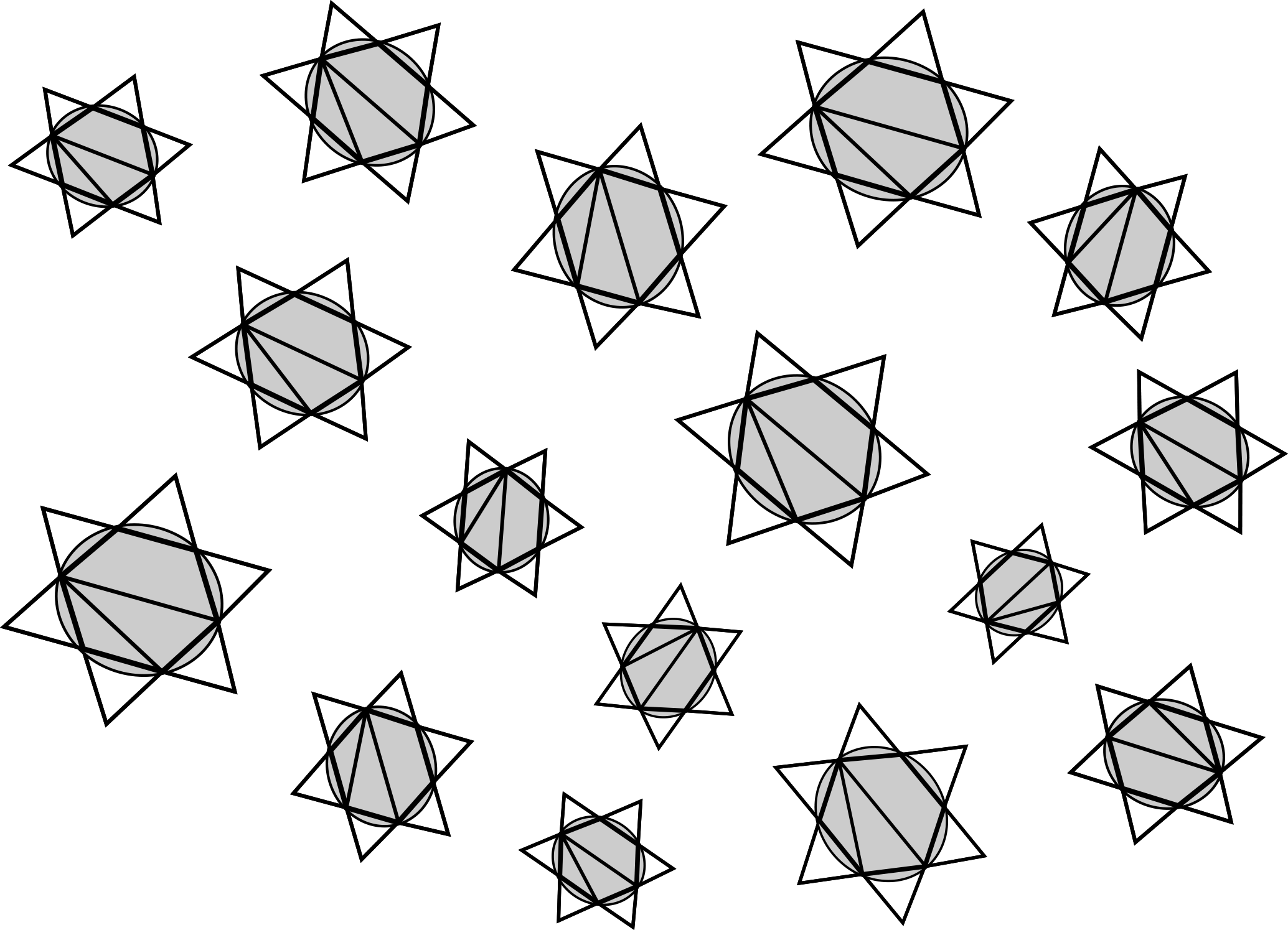 There are 16 figures. Each figure is formed as follows: A hexagon is drawn with a circle passing through all of its six vertices. From each vertex of the hexagon, two straight lines are drawn outside the circle. From one vertex of the hexagon, two straight lines are drawn inside the circle joining it to two other vertices that are side by side.