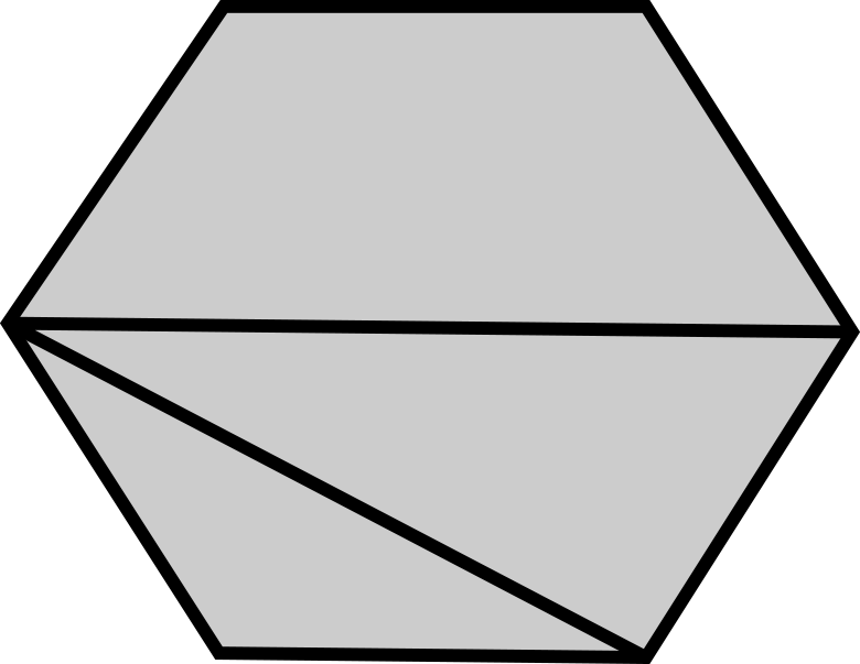A hexagon. From one vertex, two straight lines are drawn inside the hexagon joining it to two other vertices that are side by side.