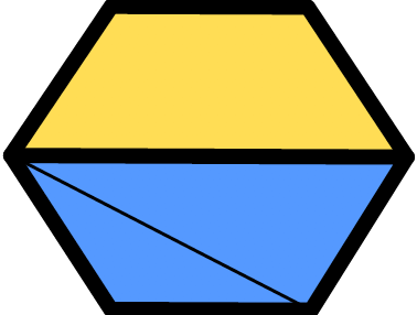 Two identical trapezoids each formed by three sides of the hexagon and one of the lines inside the hexagon.
