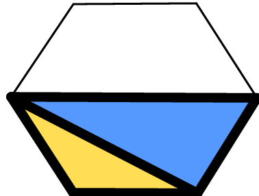Two triangles. One triangle is formed using one side of the hexagon and both lines inside the hexagon. The other triangle is formed using two sides of the hexagon and one of the lines inside the hexagon.