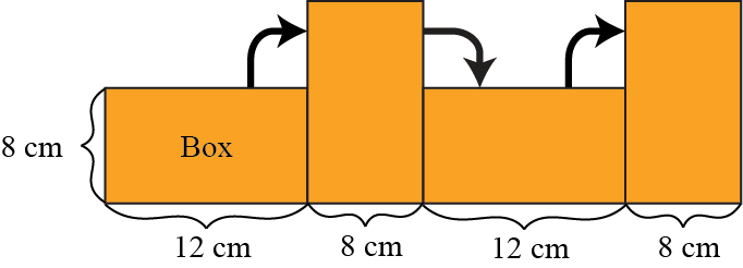 Four rectangles lie side by side with their bases arranged along a horizontal line. The bases of the first and third rectangles are 12 cm and the bases of the second and fourth rectangles are 8 cm.