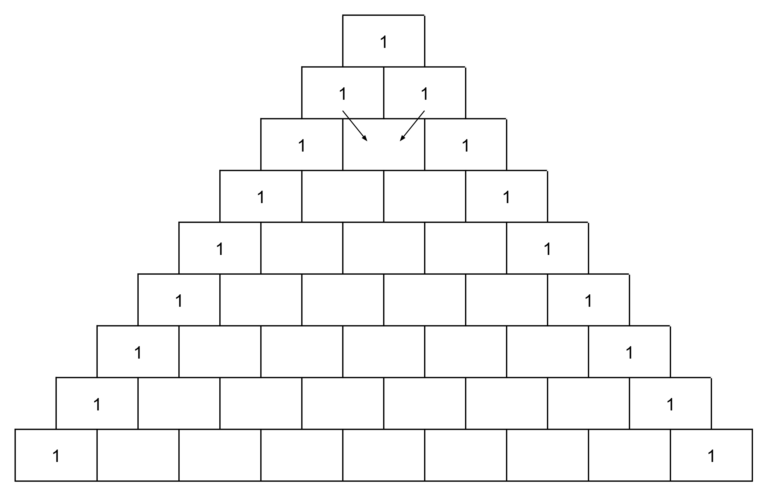 A tower of identical boxes arranged into 9 rows. 9 boxes lying side by side form the bottom row. Every row above the bottom row contains one less box than the row below it, ending with 1 box in the top row. Every box in the tower touches exactly two boxes in the row below it, except for the boxes in the bottom row.