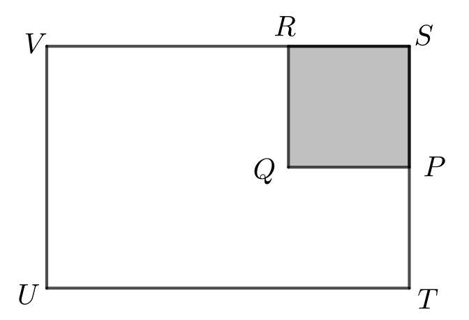 Square P Q R S has vertex P on side S T of rectangle S T U V, and vertex R on side S V. Vertex Q in the interior of rectangle S T U V.