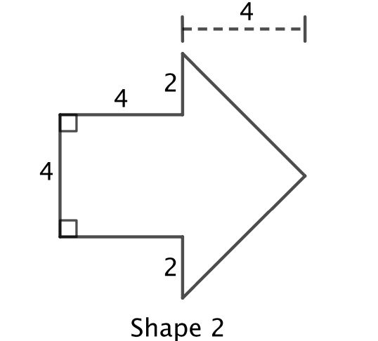 Shape 2 is a composite shape made up of a square of side length 4 and a triangle. The base of the triangle runs vertically and is placed along one side of the square making a shape that looks like an arrow pointing right. The base of the triangle extends beyond the square by 2 units above and 2 units below. The height of the triangle, which runs horizontally, is 4 units.