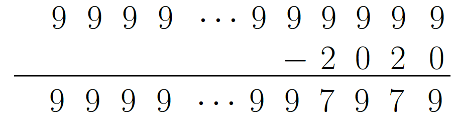 The subtraction problem is written vertically, where the number with two thousand and twenty-one digits all equal to 9 is written as 9 9 dot dot dot 9 9 9 9 9.
