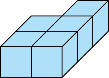 Five identical cubes are arranged in a layer. The shape looks like a rectangular prism that is two cubes wide and three cubes deep but is missing the back left cube.