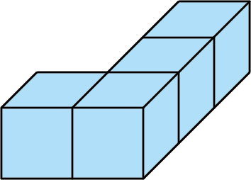 Four identical cubes are arranged in a layer. The shape looks like a rectangular prism that is two cubes wide and three cubes deep but is missing the back two cubes on the left side.