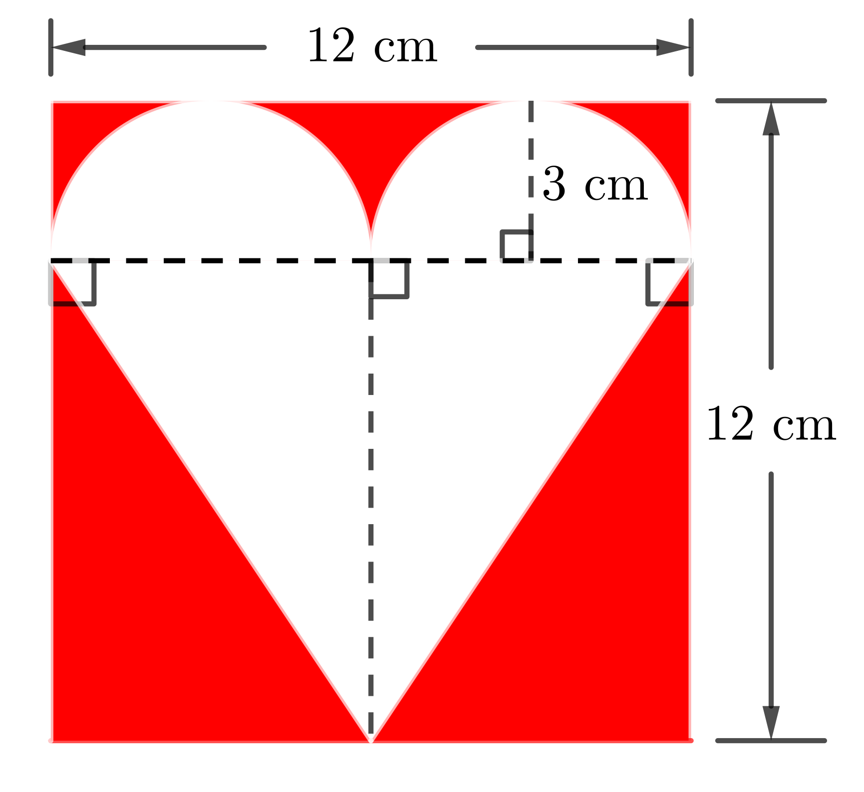 The red square with a white heart-shaped region and a dashed horizontal line. A vertical line measuring 3 cm is drawn from the top edge of the square to the dashed line. Another vertical line is drawn from the dashed line to the bottom vertex of the triangle.