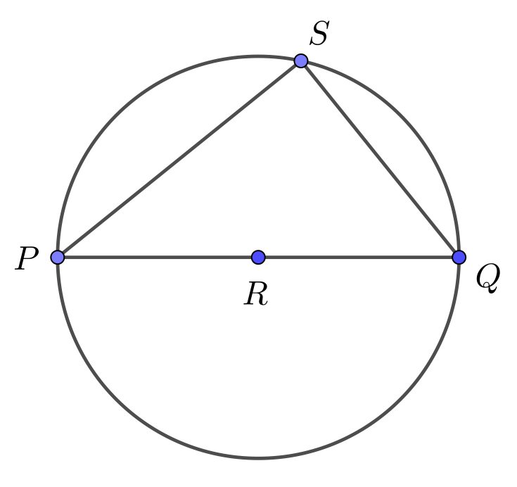 Triangle PQS has vertices on the circle with centre R.