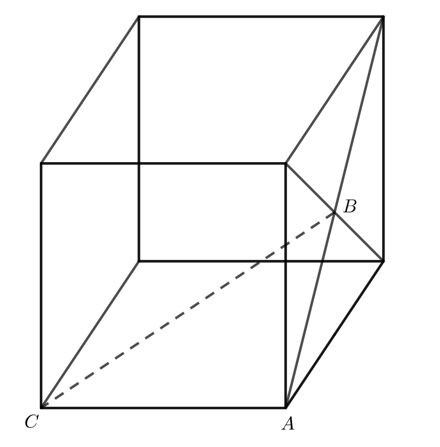 Line segment C A is an edge on the base of the cube. Line segment A B lies on a vertical face of the cube and line segment C B passes through the interior of the cube.