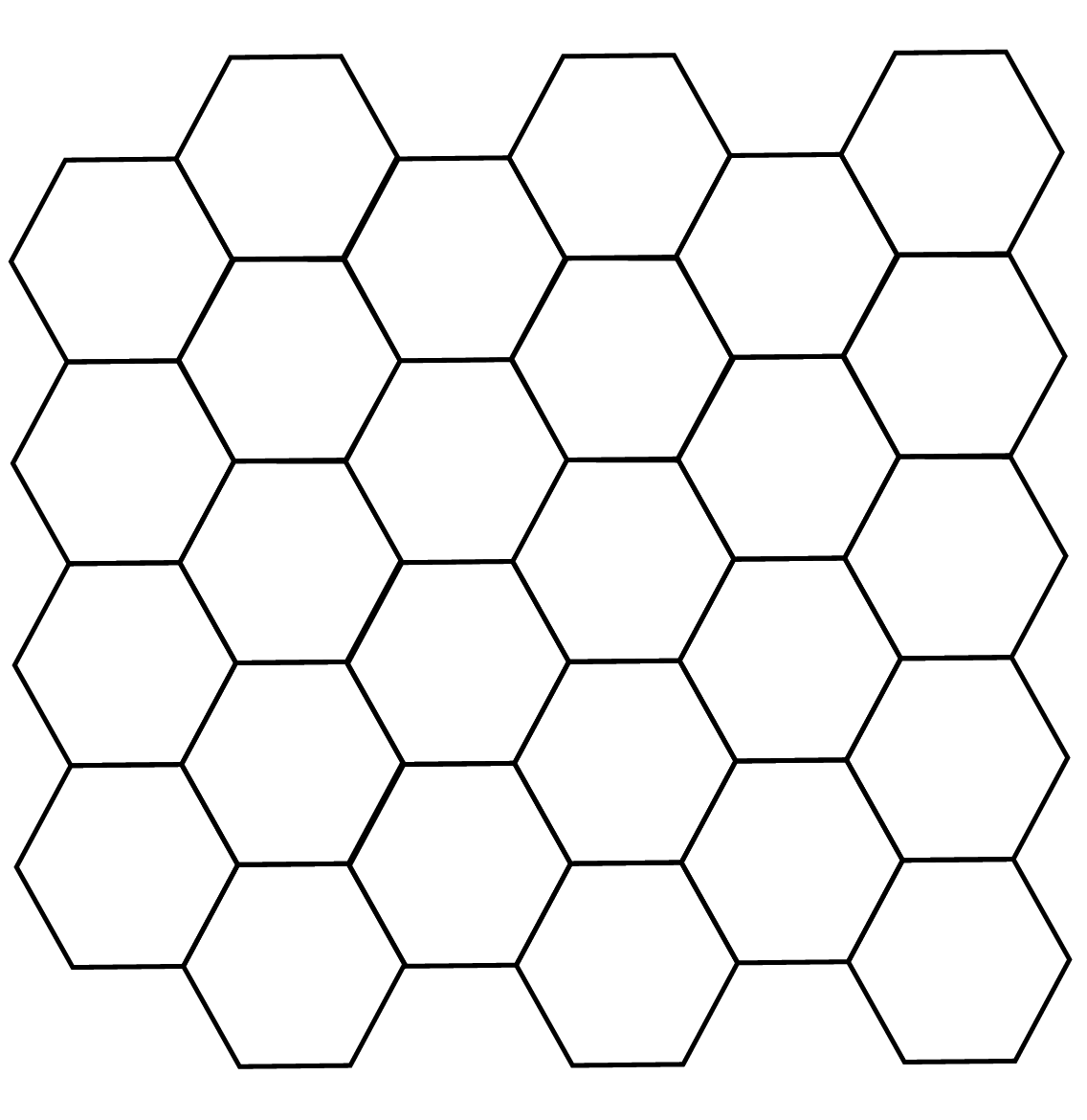 A tiling of 27 identical hexagons that looks like part of a honeycomb. There are six vertical columns of hexagons in the tiling and the tiling has a horizontal line of symmetry. The first, third, and fifth columns each have four hexagons. The remaining columns each have five hexagons.