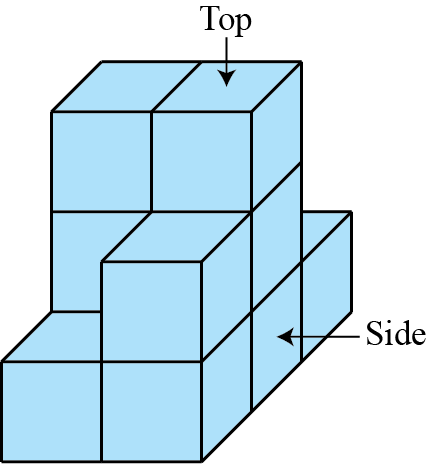 The front, the top, and the right side of the figure are visible. The figure has three layers: top, middle and bottom. Each layer has a front row, a centre row and a back row. In the bottom layer, four cubes are visible. These cubes are front left, front right, centre right, and back right. In the middle layer, three cubes are visible. These cubes are front right, centre left and centre right. In the top layer, two cubes are visible. These cubes are centre left and centre right.