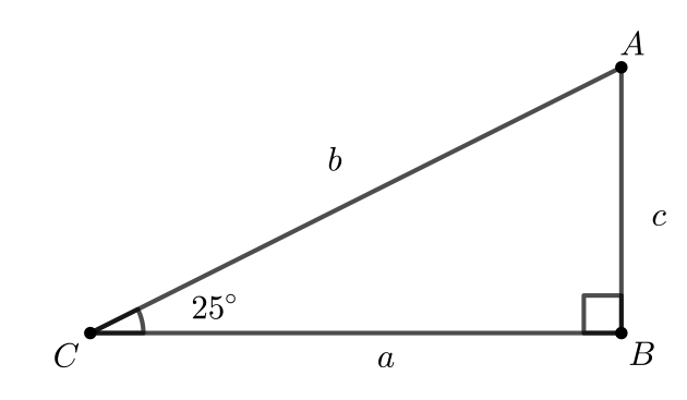 Triangle A B C has angle C measuring 25 degrees and a right angle at B. The length of side A B is c, the length of B C is a, and the length of A C is b.