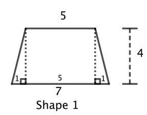 A vertical line is drawn from each vertex of the top side of length 5 to the bottom side of length 7. These lines meet the bottom side at right angles and divide the bottom side into pieces of length 1, 5, and 1.