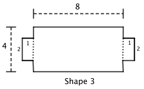 Shape 3 is a composite shape made up of three side by side rectangles. Two vertical lines divide the shape into three pieces: a middle rectangle and two identical side rectangles.