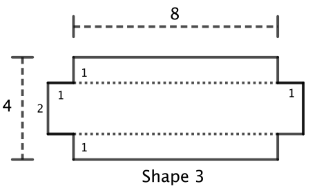 Two horizontal lines divide the shape into three pieces: two identical top and bottom rectangles with vertical sides of length 1, and a middle rectangle that extends past the other rectangles by 1 unit on the left and 1 unit the right.