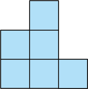 Six identical squares form a shape. The shape looks like a larger three by three square with the top left, top right and middle right squares removed.
