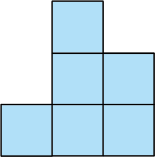Six identical squares form a shape. The shape looks like a larger three by three square with the top left, middle left, and top right squares removed.