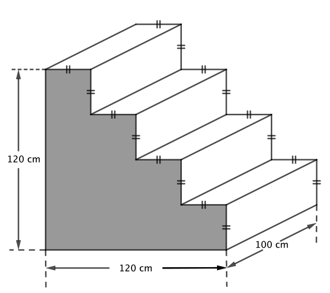 Four steps with total height of 120 cm. Each individual step is as tall as it is long. The shaded vertical side of the steps is a ten-sided polygon.