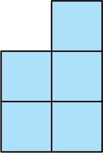 Five identical squares form a shape. The shape looks like a rectangle that is three squares high and two squares wide but is missing the top left square.