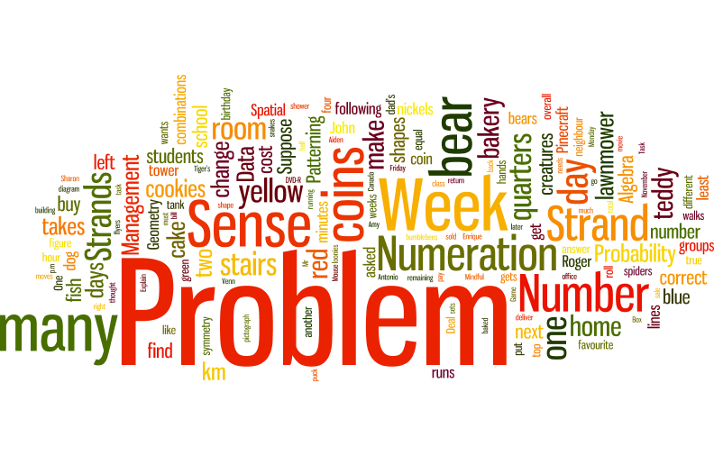 A word cloud with many words. The word Problem is much larger than all other words. The words many, Sense, and Week are the next largest words followed closely by the words coins, bear, Numeration, Strand, and Number.