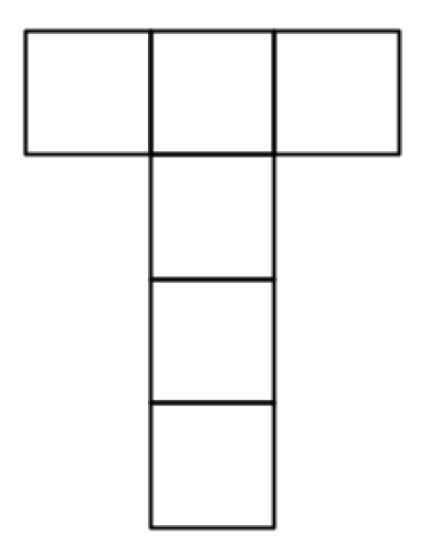 Four squares form a vertical centre column with an additional square on either side of the first square in the centre column.