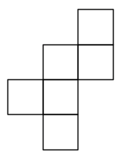 Three squares form a centre column with an additional square to the left of the second square in the centre column and an additional square to the right of the first square in the centre column with a final square on top of it.