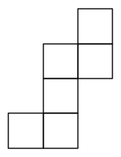 Three squares form a centre column with an additional square to the left of the third square in the centre column and an additional square to the right of the first square in the centre column with a final square on top of it.