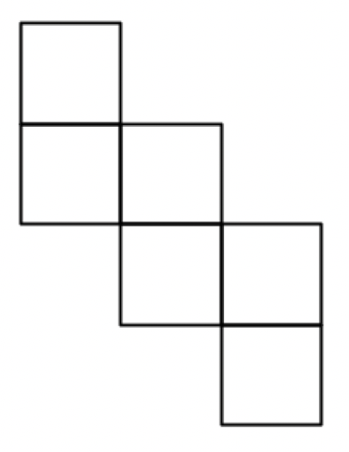 Three columns of two squares are placed side by side so that the bottom square in the left column lines up with the top square in the middle column, and the bottom square in the middle column lines up with the top square in the right column.