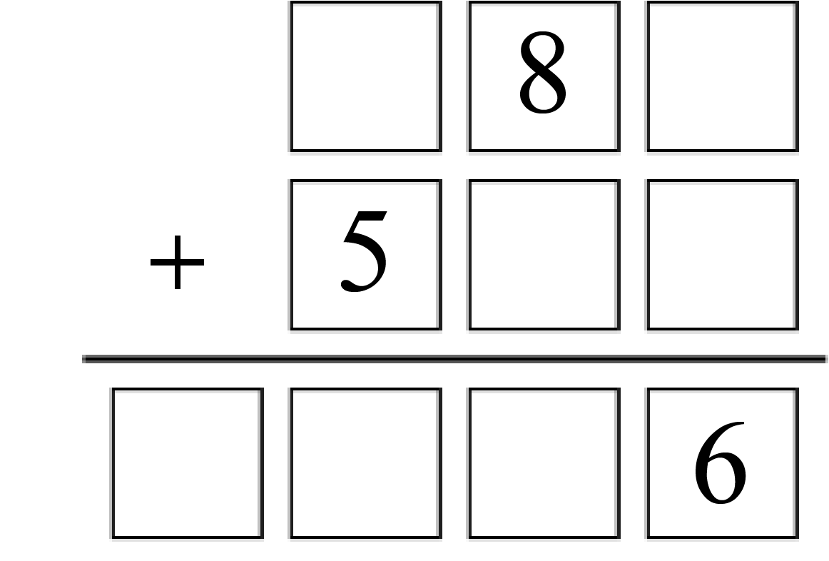 Ten boxes are arranged to represent the digits in an addition problem written vertically. A three-digit integer with tens digit 8 is added to a three-digit integer with hundreds digit 5. The result is a four-digit  integer with ones digit 6.
