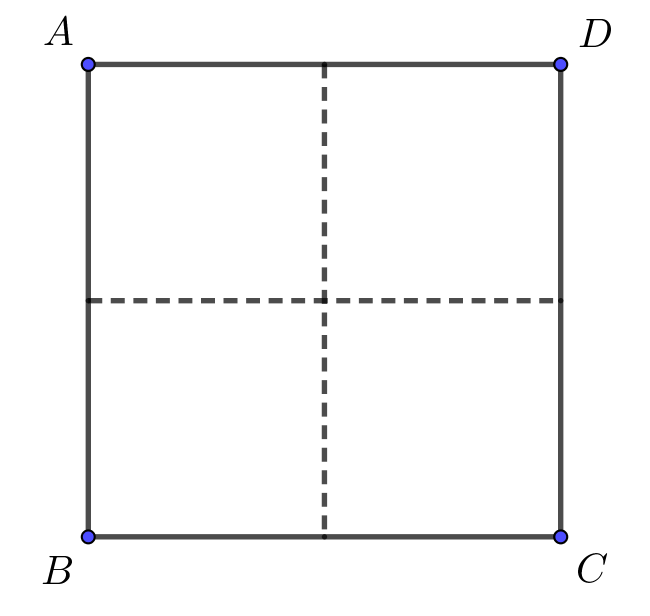 A horizontal dashed line and a vertical dashed line divide the square into four identical smaller squares.