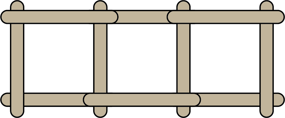 A shape that looks like three squares placed side by side. Four sticks are placed vertically with space in between them. Three sticks are placed horizontally in a line along the top of the vertical sticks and three sticks are placed in a line along the bottom of the vertical sticks.