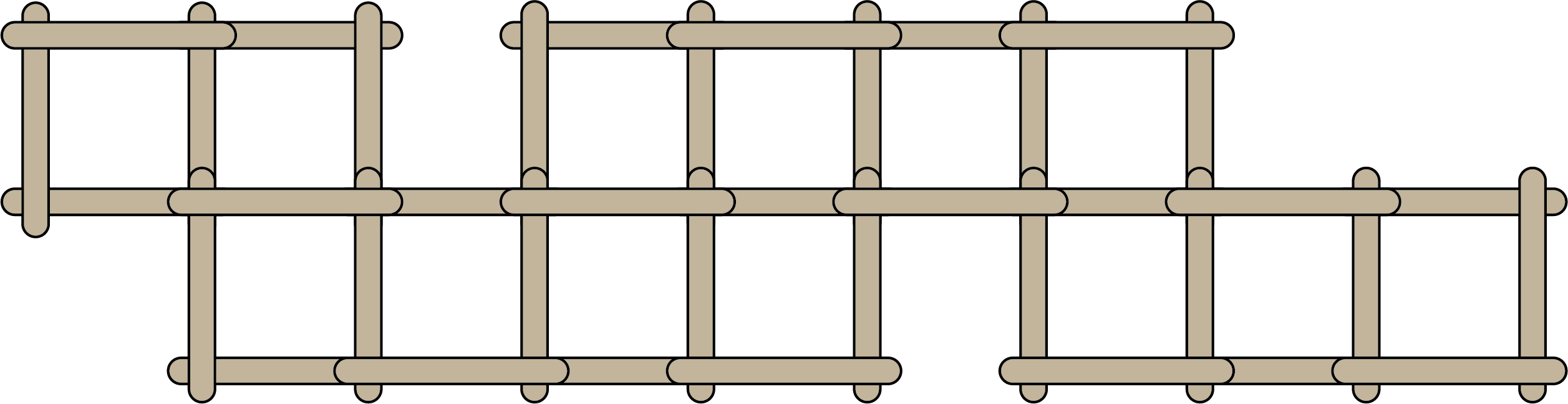 12 sticks, with 6 placed horizontally and 6 placed vertically, form a 2 by 2 grid of squares. A chain of four squares is added on the left edge of the grid, with 3 extra sticks used to make each square. A chain of five squares is added on the right edge of the grid, with 3 extra sticks used to make each square.