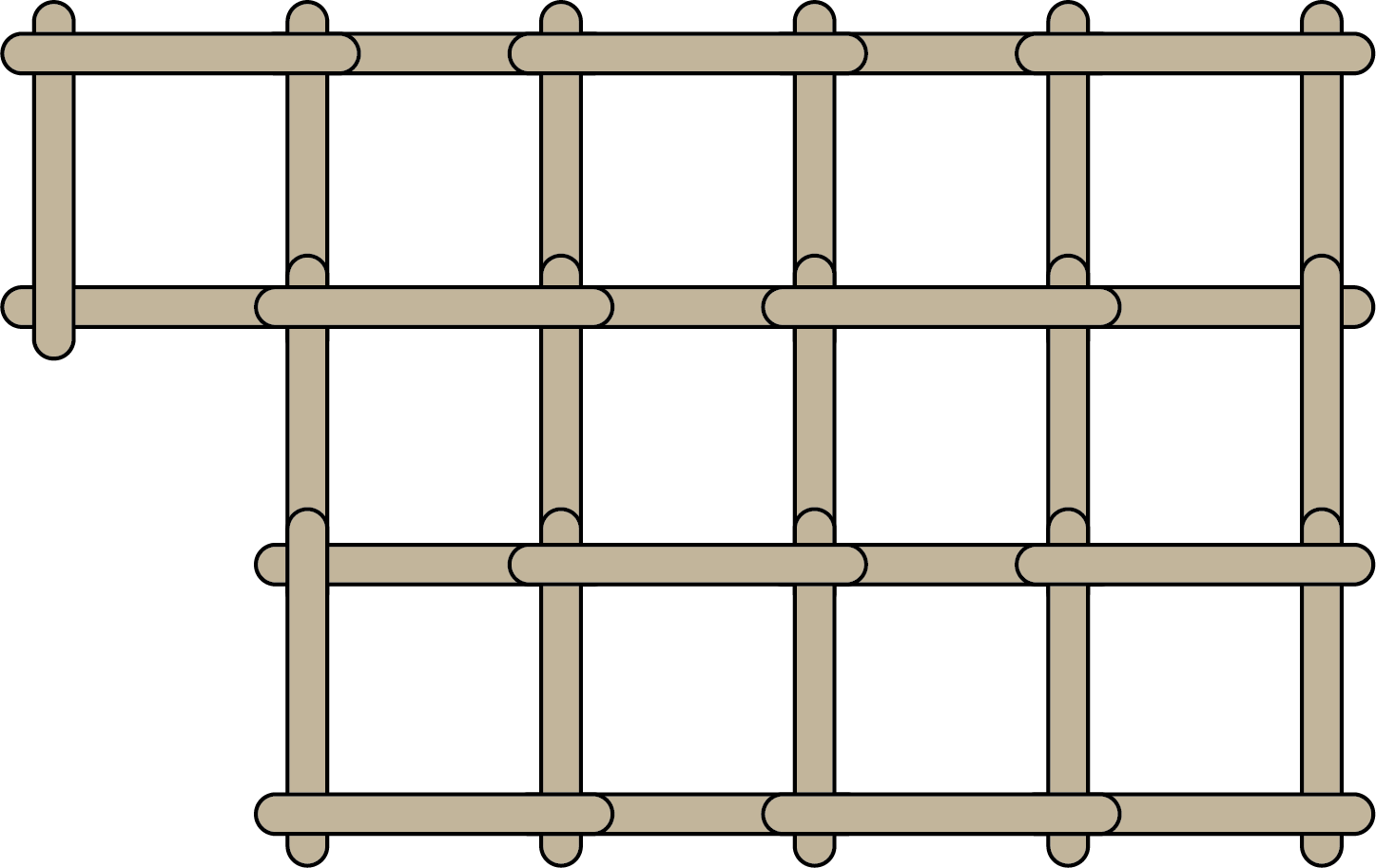 31 sticks form a 3 by 4 grid of 12 squares. Three vertical sticks placed in a line form each vertical line in the grid. Four horizontal sticks placed along a line form each horizontal line in the grid. Three additional sticks are used to create one more square along one edge of the grid.