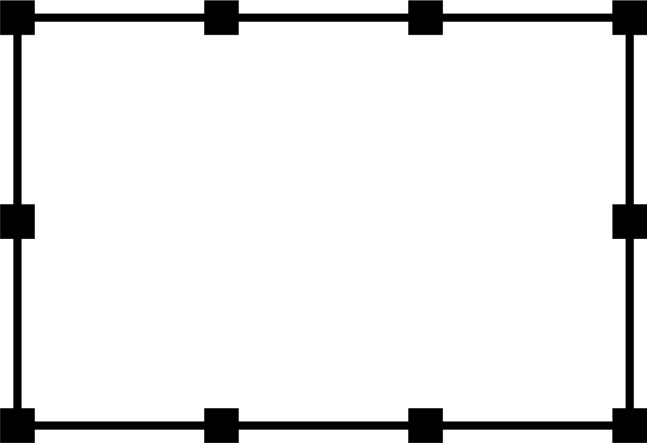 A rectangle with 10 equally spaced points marked around its perimeter with 1 point in each of the four corners. Two points on each of the longer sides divide these sides into three equal segments. One point on each of the shorter sides divides these sides into two equal segments.