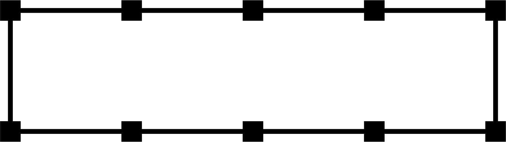 A rectangle with 10 equally spaced points marked around its perimeter with 1 point in each of the four corners. Three points on each of the longer sides divide these sides into four equal segments.