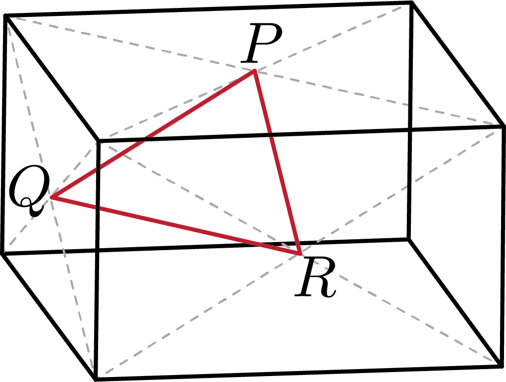 Line segments PQ, QR, and RP lie inside the prism forming a triangle.
