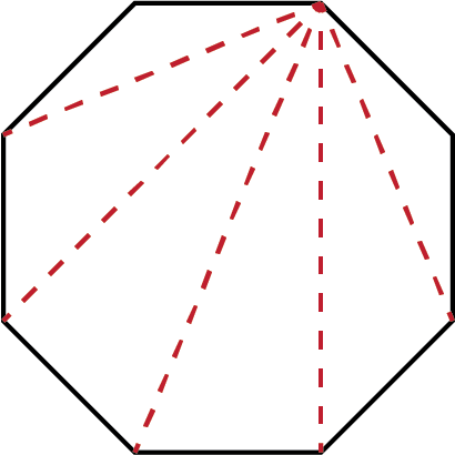 An octagon with five dashed lines inside. The lines all start at one vertex and end at the five different vertices that are not directly beside the starting vertex.