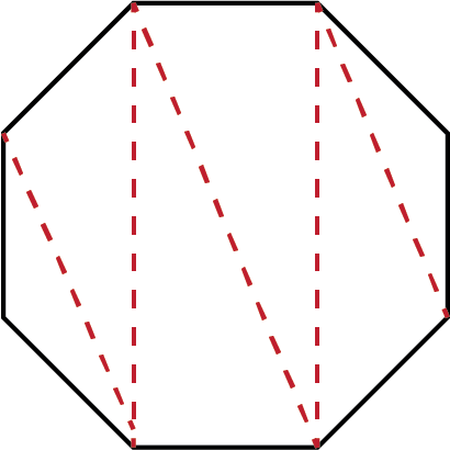 An octagon has eight sides. Two of these sides are horizontal, with one at the top of the shape and one at the bottom, and two of these sides are vertical, with one at the left side of the shape and one at the right side. Five connected dashed lines are drawn between vertices forming a zig zag path inside the octagon. The path moves through these vertices, in order: top vertex on left side, left vertex on bottom side, left vertex on top side, right vertex on bottom side, right vertex on top side, bottom vertex on right side.