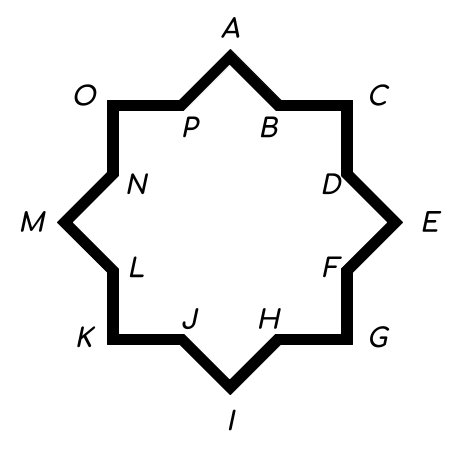 The vertices of the star are labelled in
  alphabetical order starting with A at the top point of the star and then
  moving around the star in the clockwise direction. The eight outer
  points of the star (every second vertex) are labelled A, C, E, G, I, K,
  M, and O.