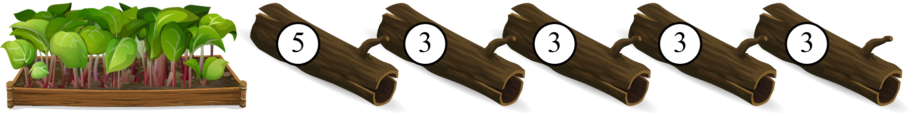 A garden on the left followed by five logs
  side by side with the numbers 5, 3, 3, 3, and 3 from left to
  right.