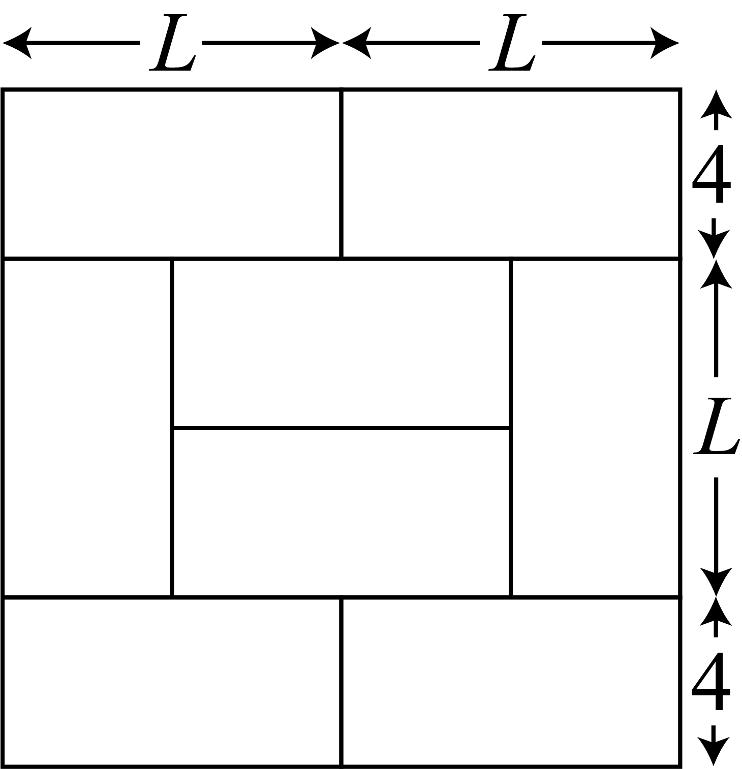 A horizontal side of the larger rectangle is made up of two segments of length L. A vertical side of the larger rectangle is made up of a segment of length 4, a segment of length L, and another segment of length 4.