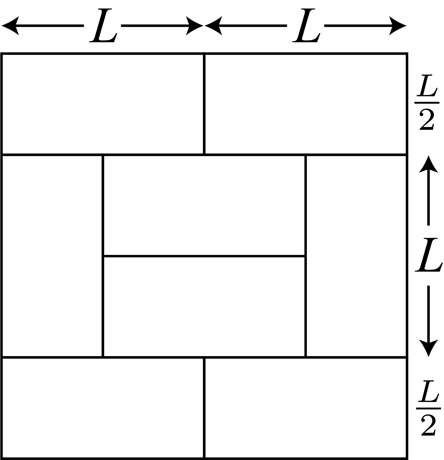 A horizontal side of the larger rectangle is made up of two segments of length L. A vertical side of the larger rectangle is made up of a segment of length L over 2, a segment of length L, and another segment of length L over 2.